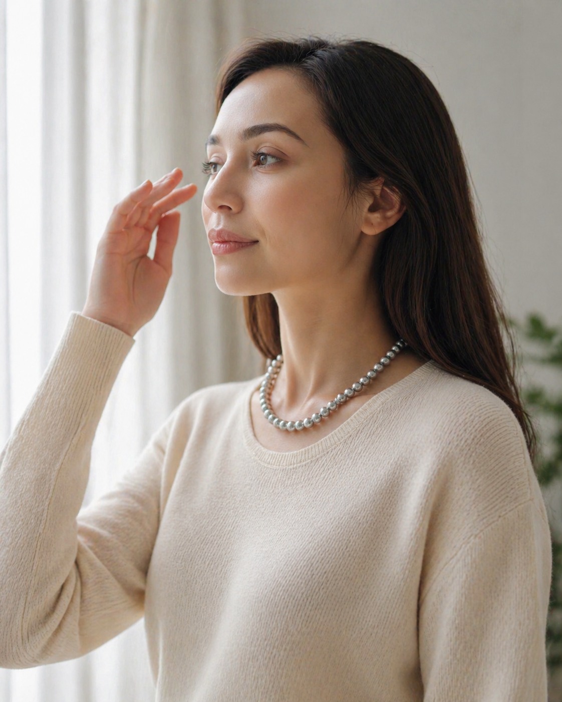 Styling image of a pearl necklace with soft knitwear