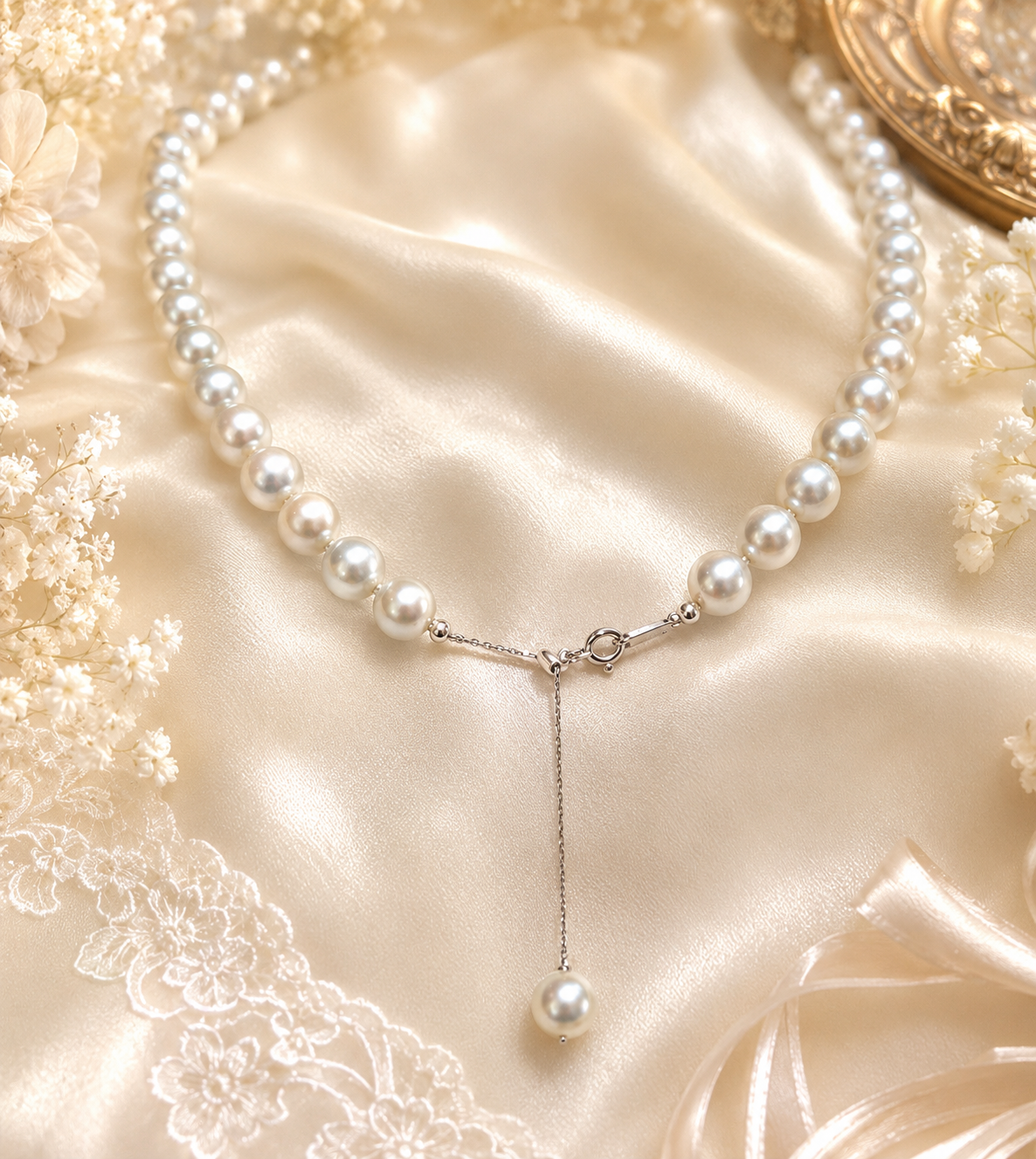 Akoya pearl necklace on luminous satin with floral styling